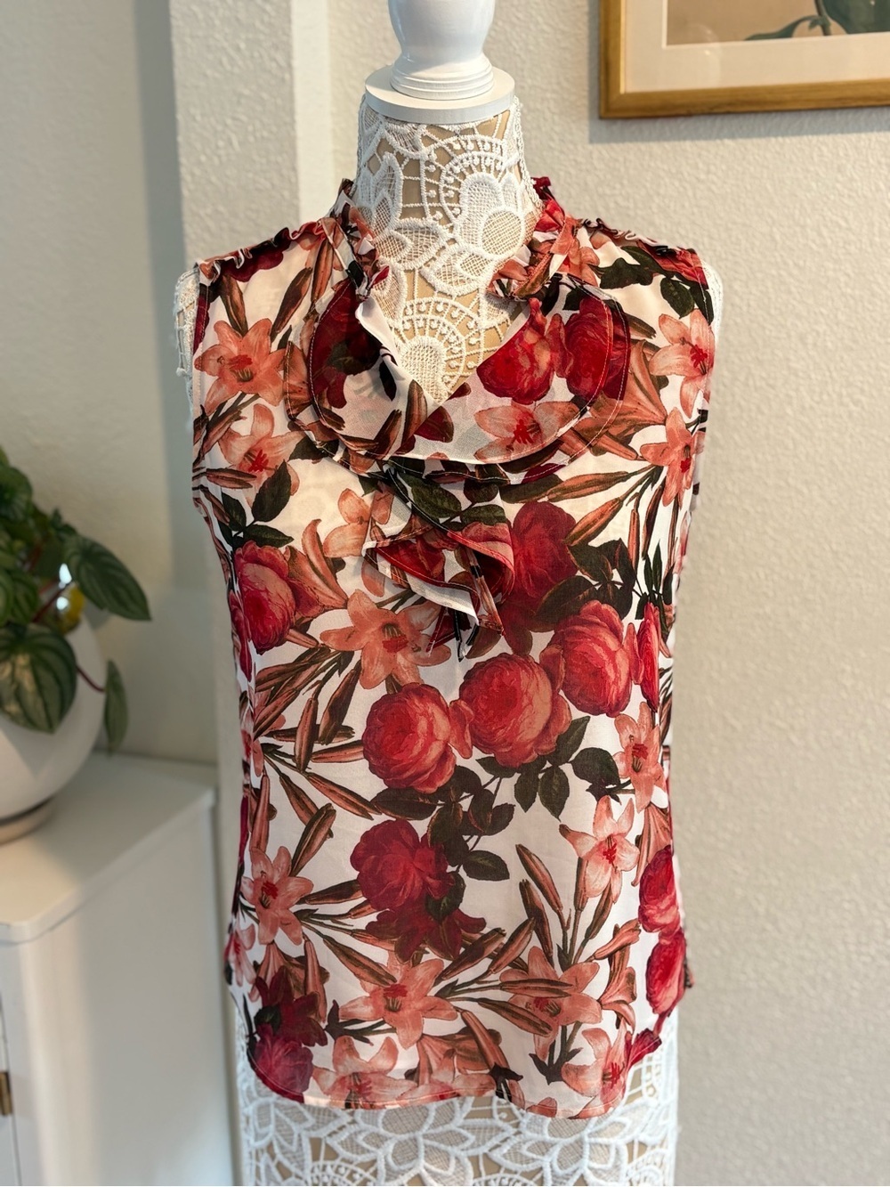Karl Lagerfeld Floral Ruffle Top in red and pink- size S